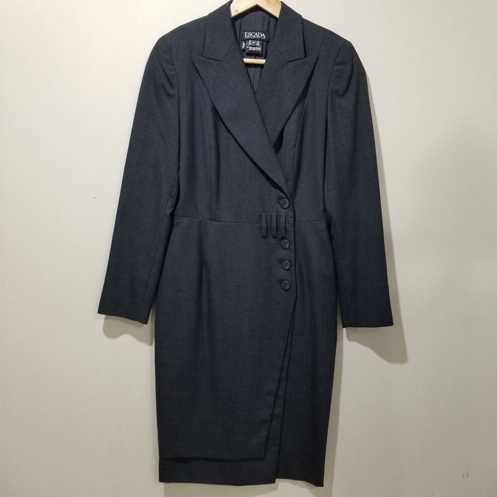 ESCADA Dress Size 36 US 6 Charcoal Wrap Long Sleeve Midi Virgin Wool $1250 Suit